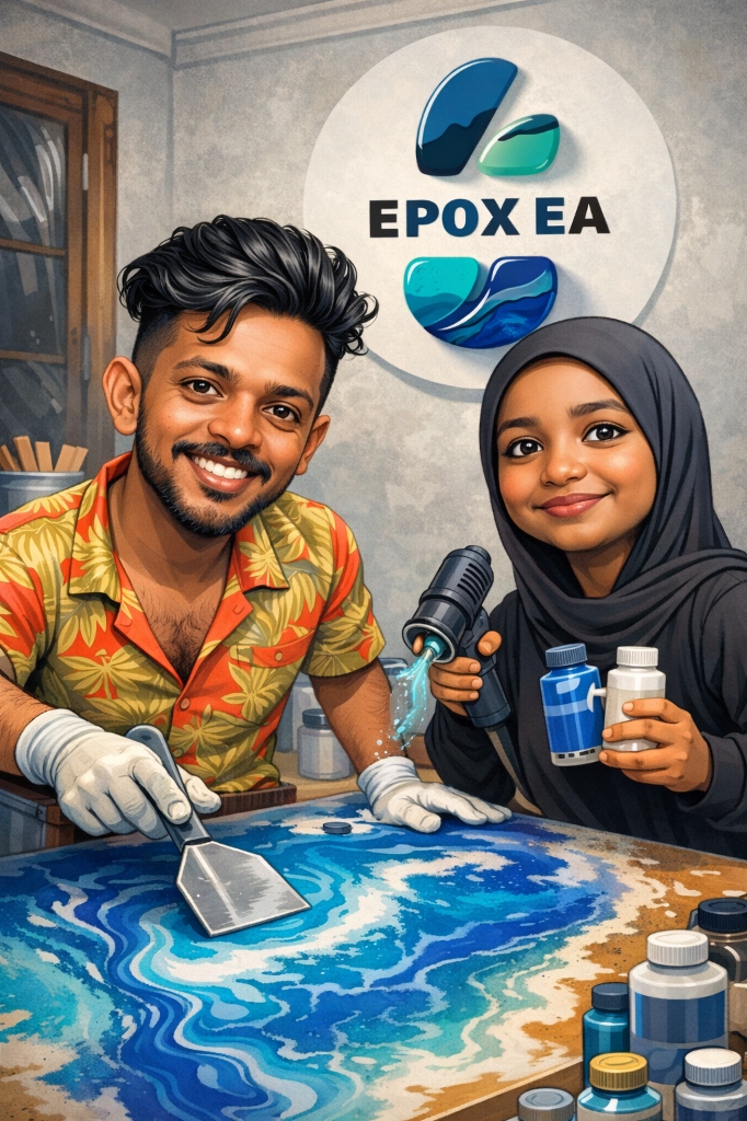 Epoxea Founders Hafsal K & Nadha AT Creating Ocean Resin Artwork